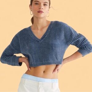 Aeropostale Cropped V-Neck Ribbed Sweater - Denim Blue